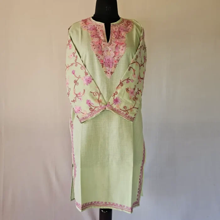 Tea Green Kashmiri Long Cotton Kurti With Ari Embroidered Sleeves - Zohra - Image 2