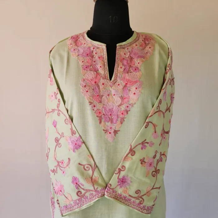 Tea Green Kashmiri Long Cotton Kurti With Ari Embroidered Sleeves - Zohra
