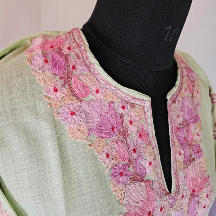 Tea Green Kashmiri Long Cotton Kurti With Ari Embroidered Sleeves - Zohra - Image 3