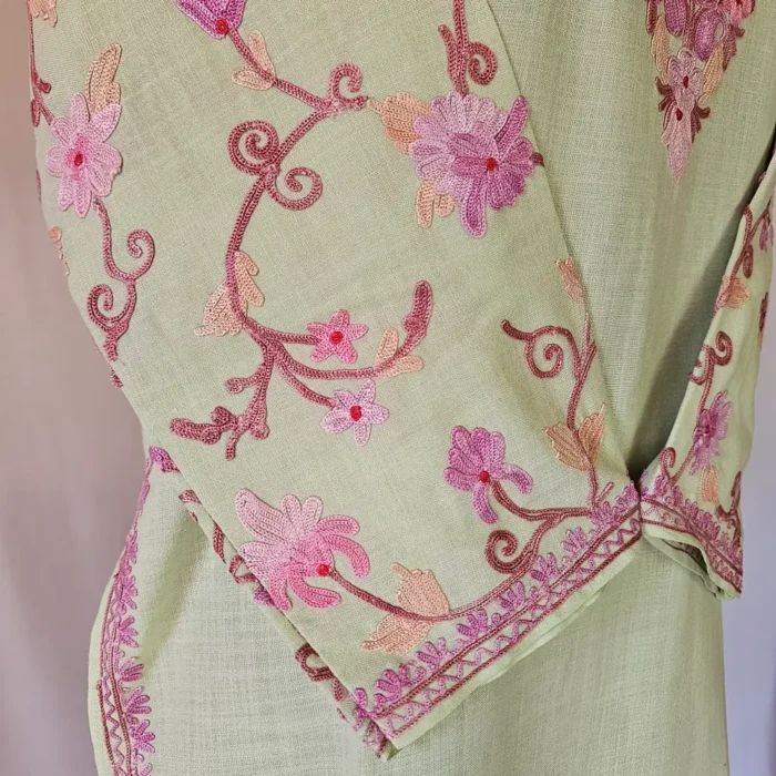 Tea Green Kashmiri Long Cotton Kurti With Ari Embroidered Sleeves - Zohra - Image 4