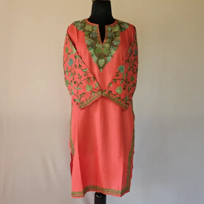 Magenta Kashmiri Long Cotton Kurti With Ari Embroidered Sleeves - Zohra - Image 2
