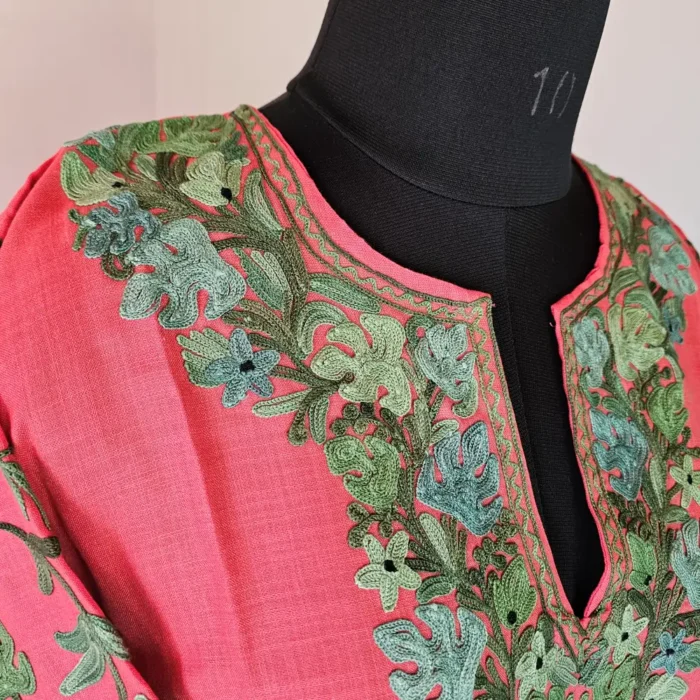 Magenta Kashmiri Long Cotton Kurti With Ari Embroidered Sleeves - Zohra - Image 3