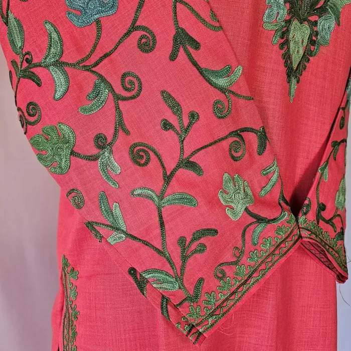 Magenta Kashmiri Long Cotton Kurti With Ari Embroidered Sleeves - Zohra - Image 4