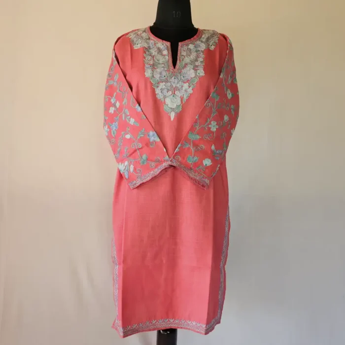 Kashmiri Long Magenta Color Cotton Kurti With Ari Embroidered Sleeves - Zohra - Image 2