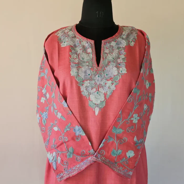 Kashmiri Long Magenta Color Cotton Kurti With Ari Embroidered Sleeves - Zohra