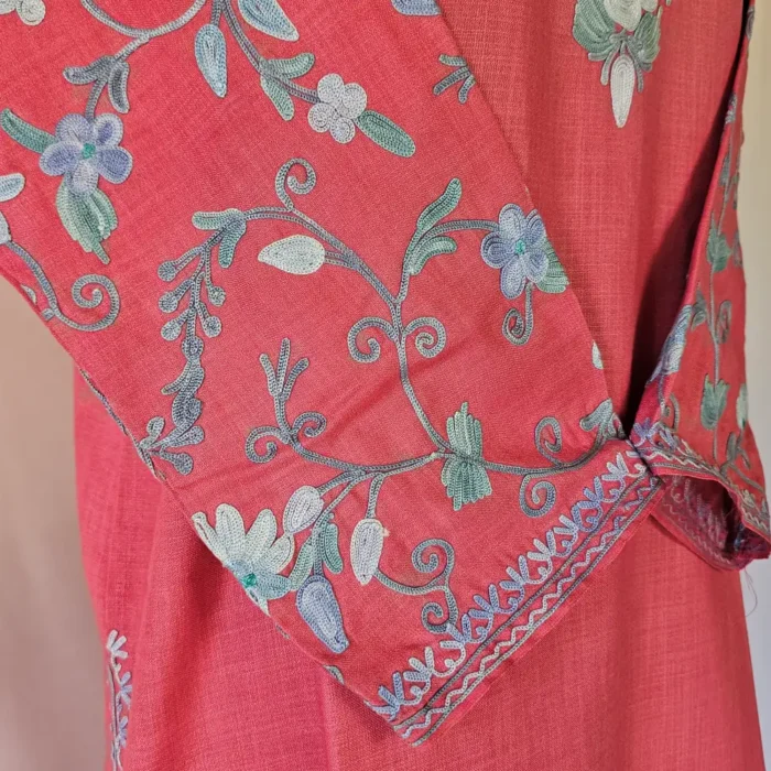 Kashmiri Long Magenta Color Cotton Kurti With Ari Embroidered Sleeves - Zohra - Image 4