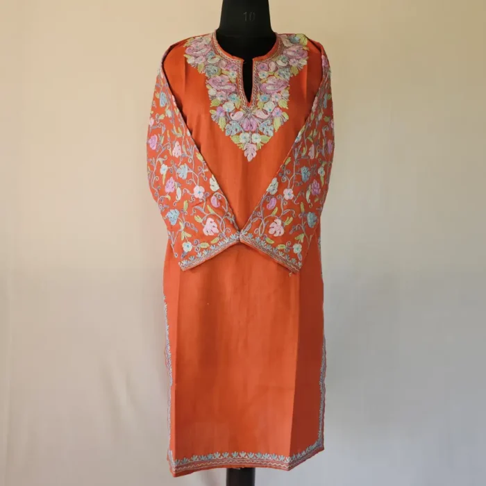 Elegent Rustic Red Kashmiri Long Cotton Kurti With Ari Embroidered Sleeves - Zohra - Image 2