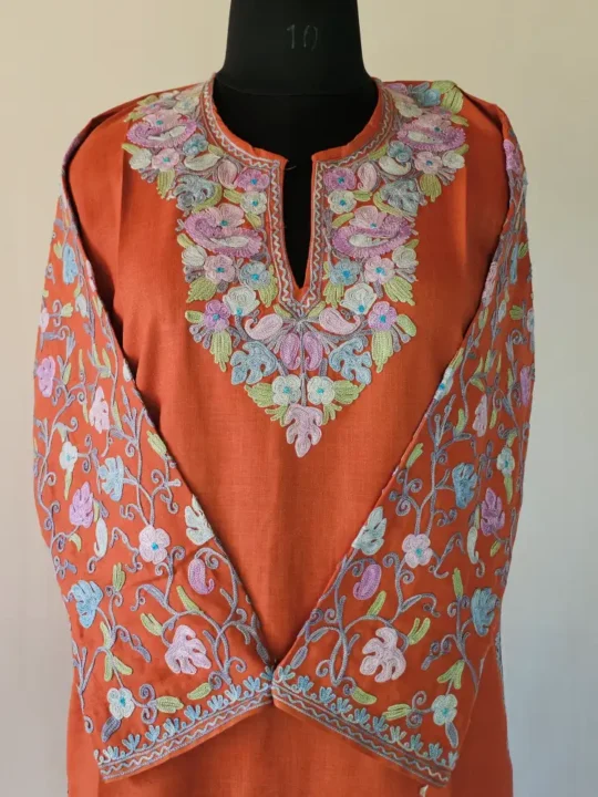 Rust Kashmiri Long Cotton Kurti With Ari Embroidered Sleeves - Zohra