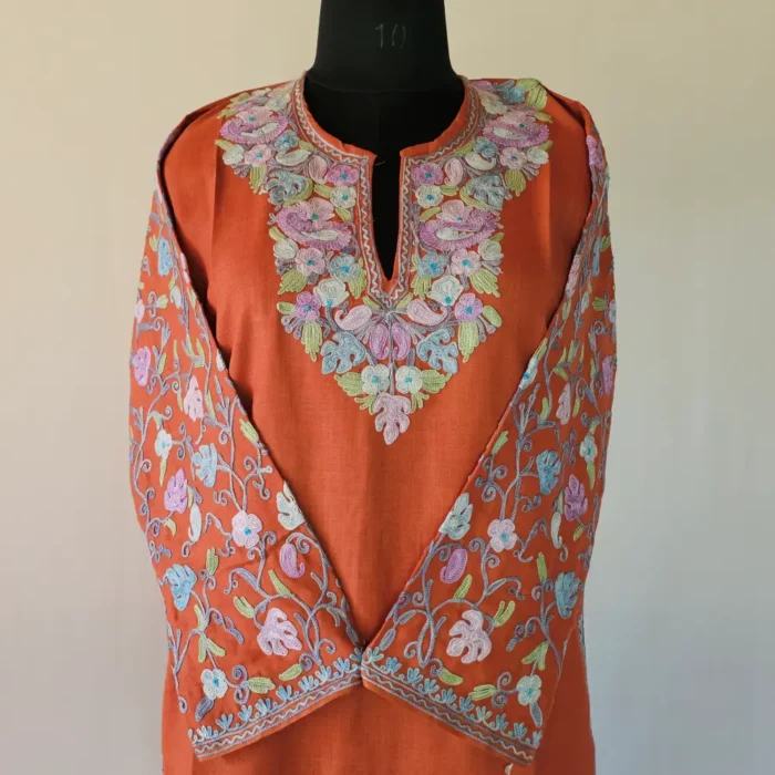 Elegent Rustic Red Kashmiri Long Cotton Kurti With Ari Embroidered Sleeves - Zohra