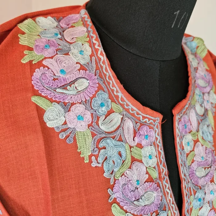 Elegent Rustic Red Kashmiri Long Cotton Kurti With Ari Embroidered Sleeves - Zohra - Image 3