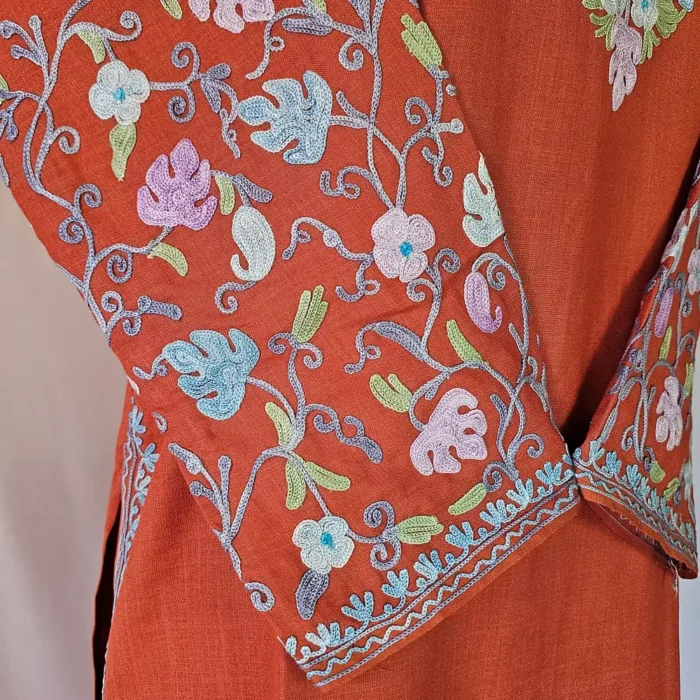 Elegent Rustic Red Kashmiri Long Cotton Kurti With Ari Embroidered Sleeves - Zohra - Image 4