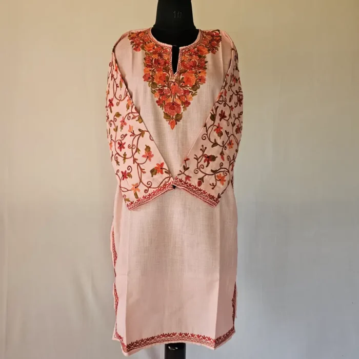 Baby Pink Kashmiri Long Cotton Kurti With Ari Embroidered Sleeves - Zohra - Image 2