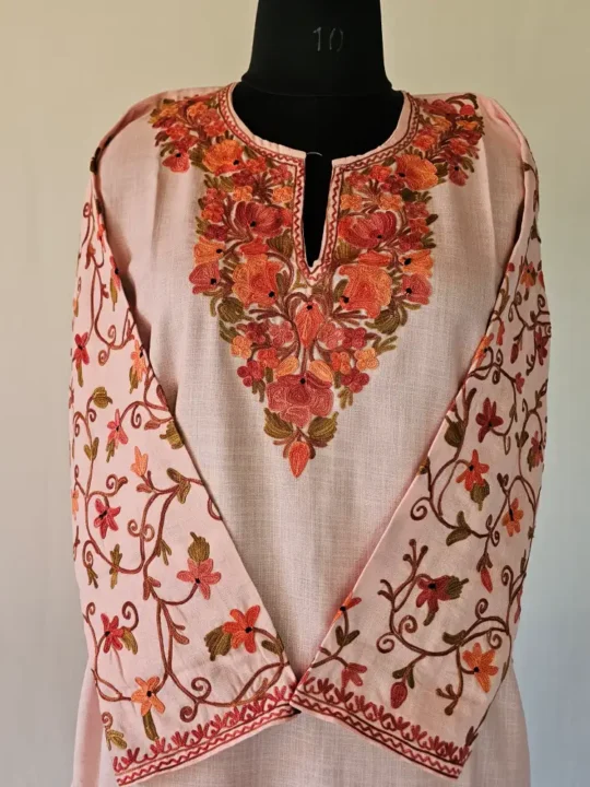 Baby Pink Kashmiri Long Cotton Kurti With Ari Embroidered Sleeves - Zohra