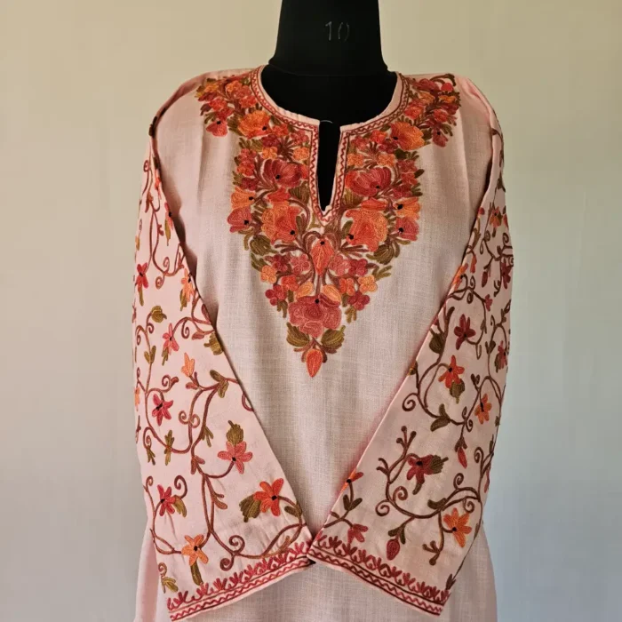 Baby Pink Kashmiri Long Cotton Kurti With Ari Embroidered Sleeves - Zohra