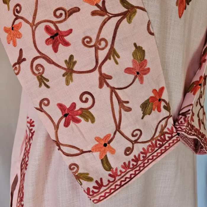 Baby Pink Kashmiri Long Cotton Kurti With Ari Embroidered Sleeves - Zohra - Image 4