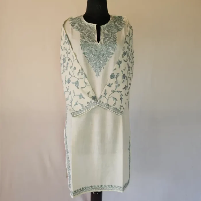 Kashmiri Long Creamy Cotton Kurti With Ari Embroidered Sleeves - Zohra - Image 2