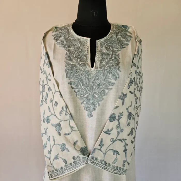 Kashmiri Long Creamy Cotton Kurti With Ari Embroidered Sleeves - Zohra - Image 5
