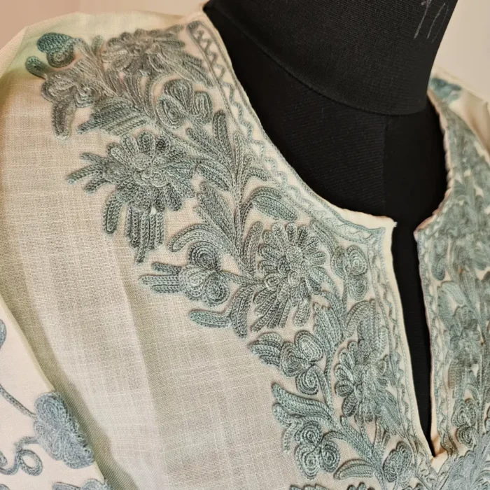 Kashmiri Long Creamy Cotton Kurti With Ari Embroidered Sleeves - Zohra - Image 3
