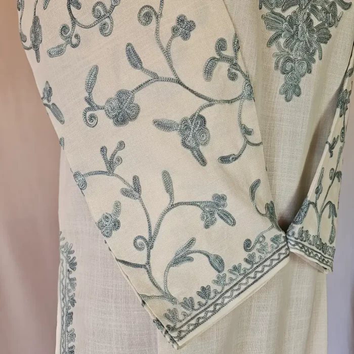 Kashmiri Long Creamy Cotton Kurti With Ari Embroidered Sleeves - Zohra - Image 4