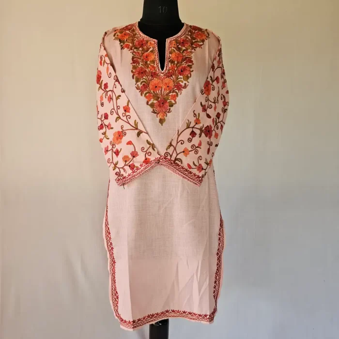 Kashmiri Baby Pinkish Long Cotton Kurti With Ari Embroidered Sleeves - Zohra - Image 2