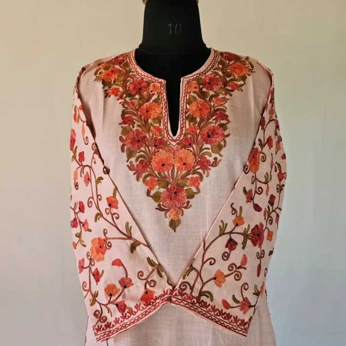 Kashmiri Baby Pinkish Long Cotton Kurti With Ari Embroidered Sleeves - Zohra - Image 5