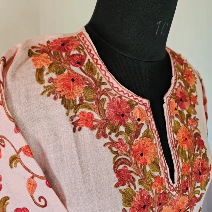 Kashmiri Baby Pinkish Long Cotton Kurti With Ari Embroidered Sleeves - Zohra - Image 3
