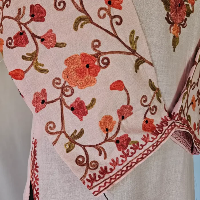 Kashmiri Baby Pinkish Long Cotton Kurti With Ari Embroidered Sleeves - Zohra - Image 4