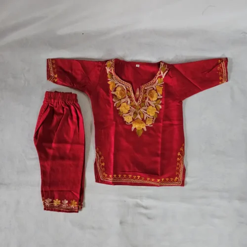 Cotton Kids Red Kurta Set with Kashmiri Aari Embroidery