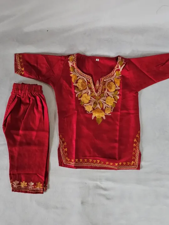 Cotton Kids Red Kurta Set with Kashmiri Aari Embroidery