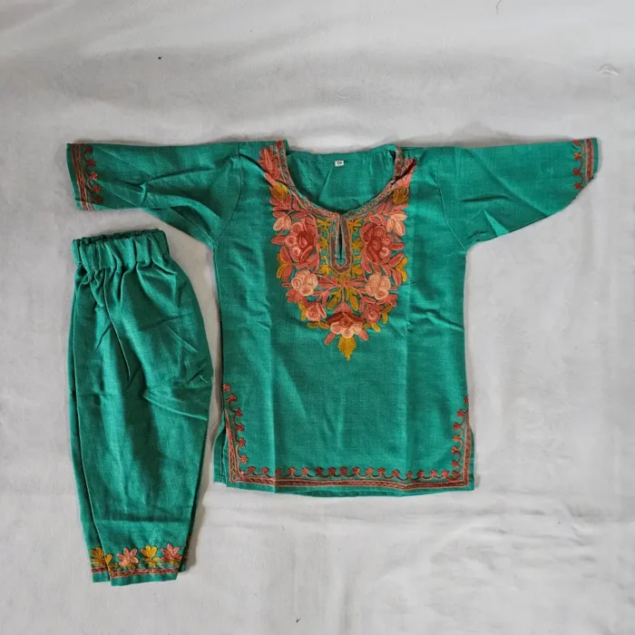 Baby Girls Green Cotton Kurta Set Aari Work