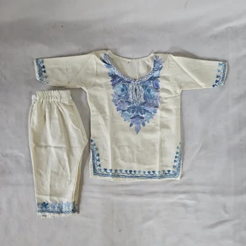 Kashmiri Aari Embroidered White Kids Kurta Set in Cotton