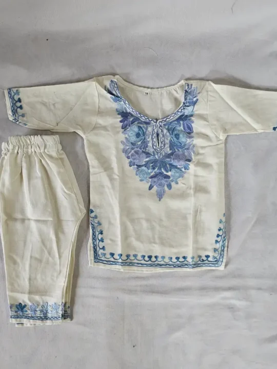 Kashmiri Aari Embroidered White Kids Kurta Set in Cotton