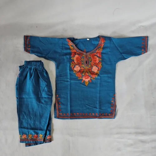 Baby Girl Aari Work Blue Cotton Kurta Set from Kashmir
