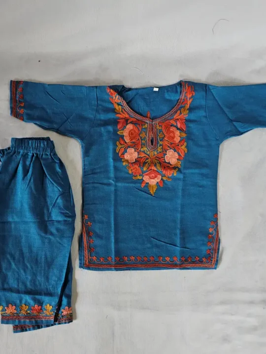 Baby Girl Aari Work Blue Cotton Kurta Set from Kashmir