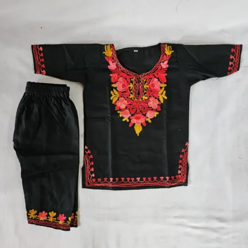 Kashmiri Kids Cotton Aari Embroidery Black Kurta Set