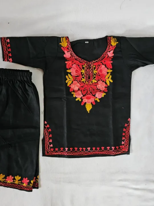 Kashmiri Kids Cotton Aari Embroidery Black Kurta Set