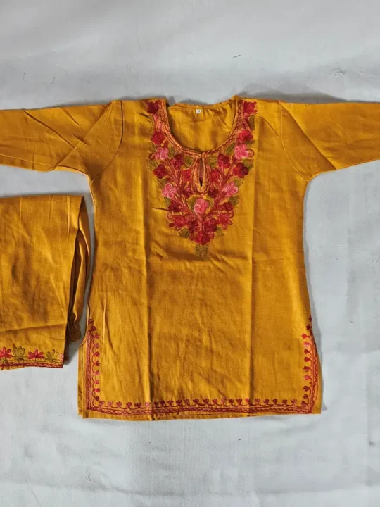 Aari Embroidered Kashmiri Noori Jahan Kids Mustard Cotton Kurta Set (4-5 years)