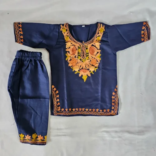Dark Blue Kashmiri Aari Work Kurta Set for Kids in Cotton