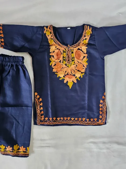 Dark Blue Kashmiri Aari Work Kurta Set for Kids in Cotton