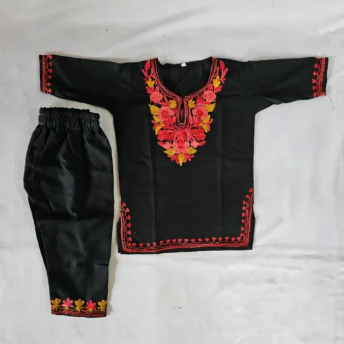 Kashmiri Kids Aari Embroidered Black Cotton Kurta Set