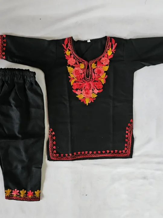 Kashmiri Kids Aari Embroidered Black Cotton Kurta Set