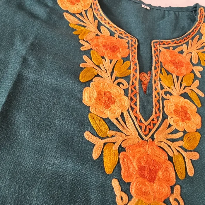Kashmiri Teal Blue Kids Zulekha Kurta Set in Cotton with Aari Work (4-5 years) - Image 3