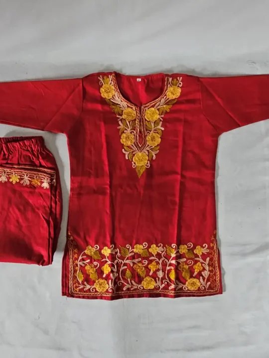 Red Small Girl Cotton Kurta Set Kashmiri Aari Work for Lale Jan (4-5 years)