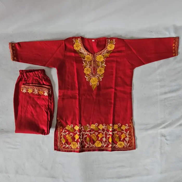 Red Small Girl Cotton Kurta Set Kashmiri Aari Work for Lale Jan (4-5 years)