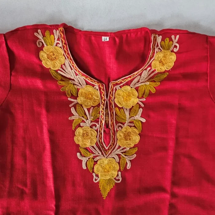Red Small Girl Cotton Kurta Set Kashmiri Aari Work for Lale Jan (4-5 years) - Image 2