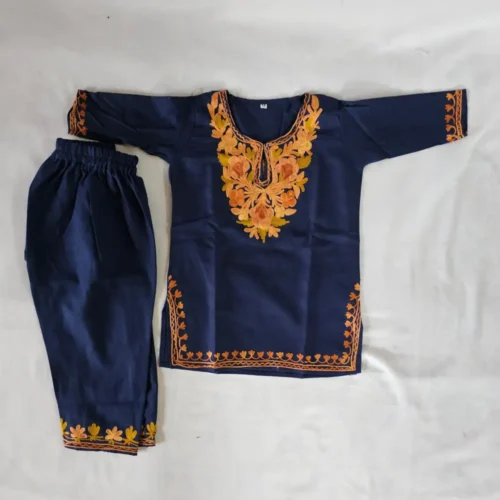 Kashmiri Dark Blue Cotton Kurta Set with Aari Work for Baby Girl