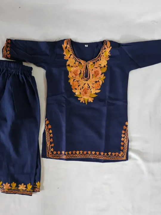 Kashmiri Dark Blue Cotton Kurta Set with Aari Work for Baby Girl