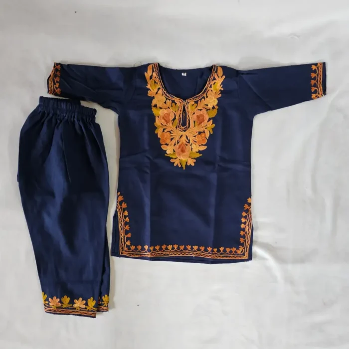 Kashmiri Dark Blue Cotton Kurta Set with Aari Work for Baby Girl