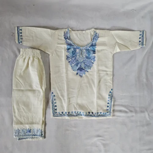 Kids White Aari Work Kashmiri Cotton Small Girl Kurta Set
