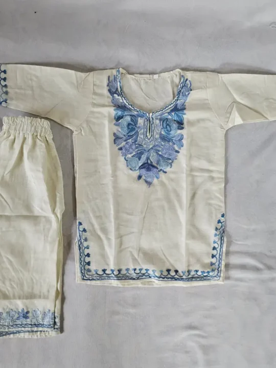 Kids White Aari Work Kashmiri Cotton Small Girl Kurta Set